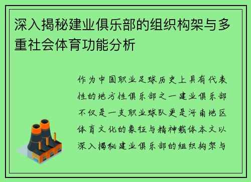 深入揭秘建业俱乐部的组织构架与多重社会体育功能分析